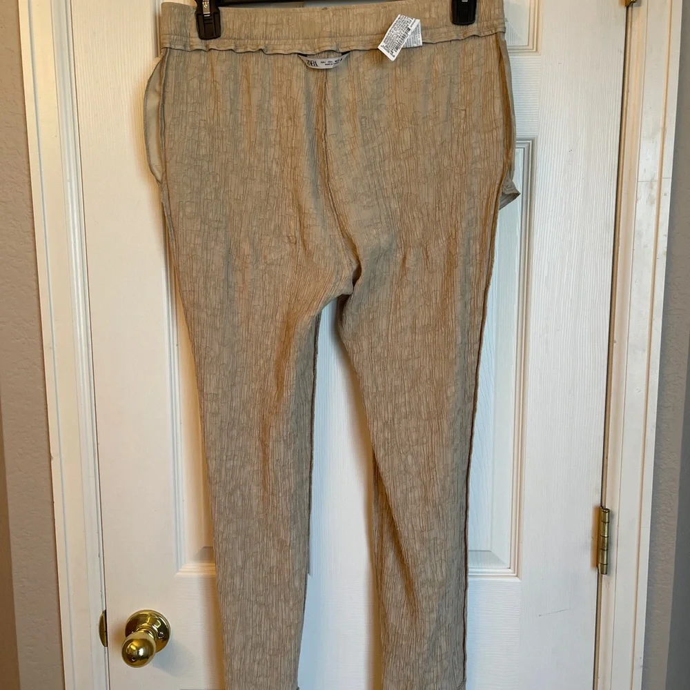 ZARA Textured Taupe Ankle Pants Women’s L‎ Crinkle Fabric Modern Spring
